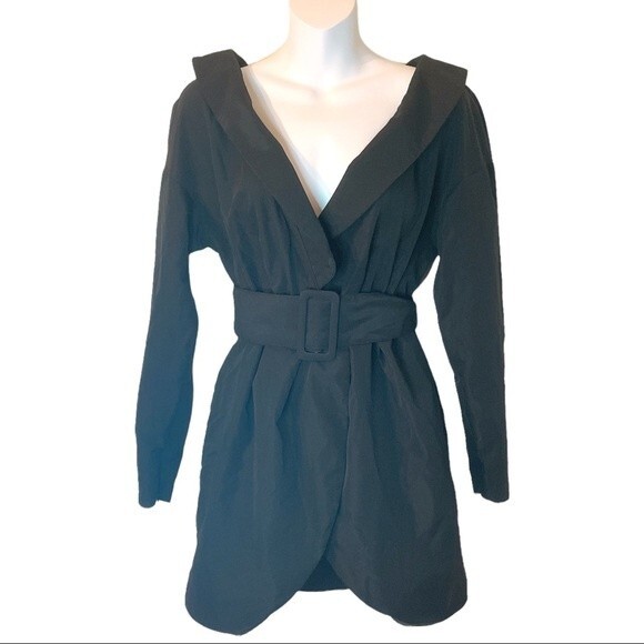 SHEIN Black Belted Blazer Dress Deep V Neck Long Sleeves Size XS - Picture 1 of 4